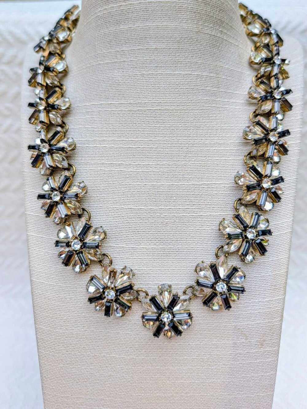 Vintage LOFT Crystal Floral Statement Necklace - Silver Tone Collar Bib